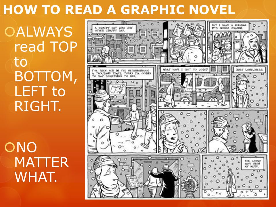 HOW TO READ A GRAPHIC NOVEL  ALWAYS read TOP to BOTTOM, LEFT to RIGHT.  NO MATTER WHAT.