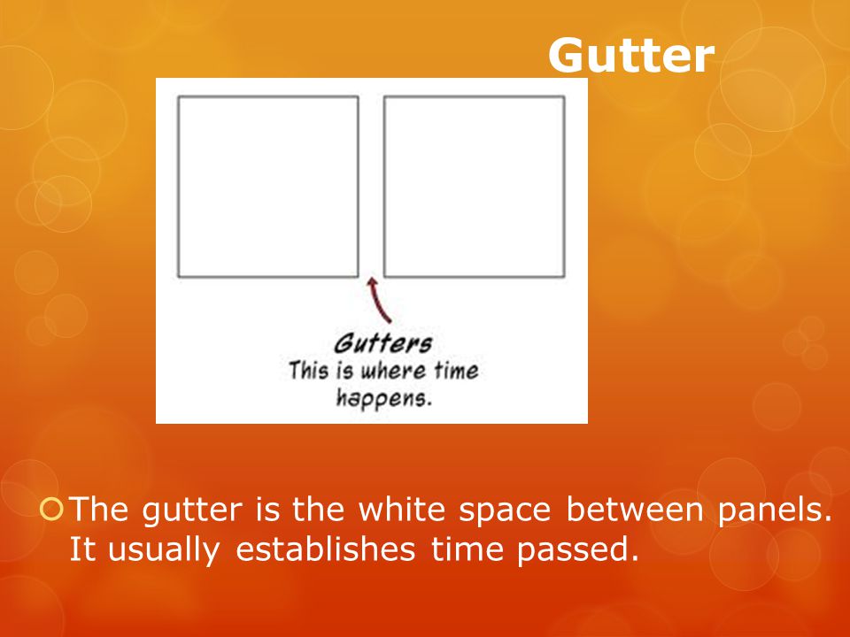 Gutter  The gutter is the white space between panels. It usually establishes time passed.