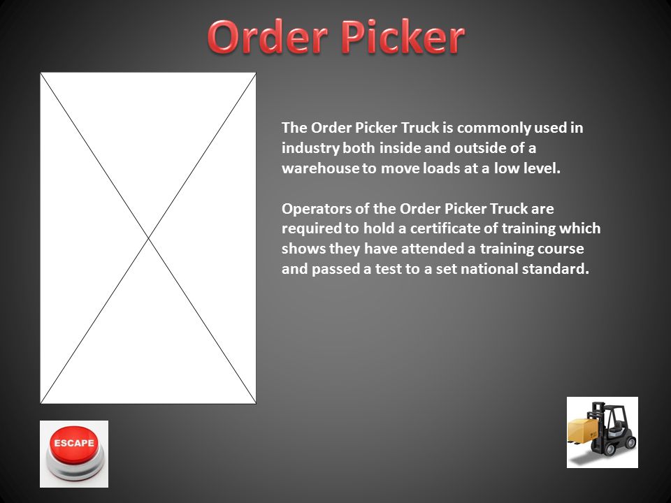 The Order Picker Truck is commonly used in industry both inside and outside of a warehouse to move loads at a low level.
