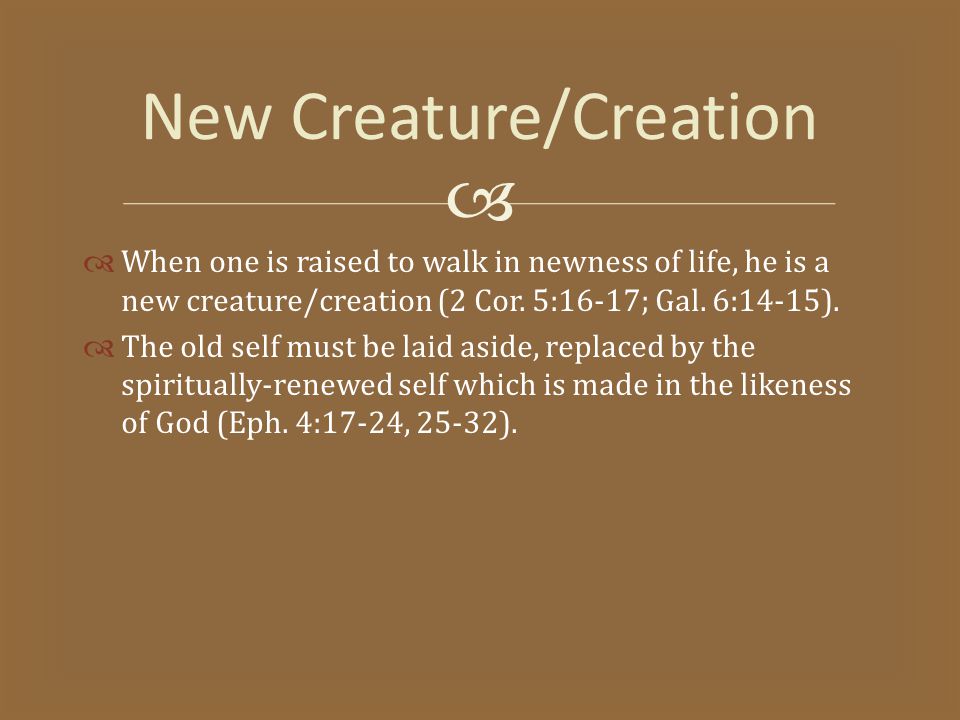   When one is raised to walk in newness of life, he is a new creature/creation (2 Cor.