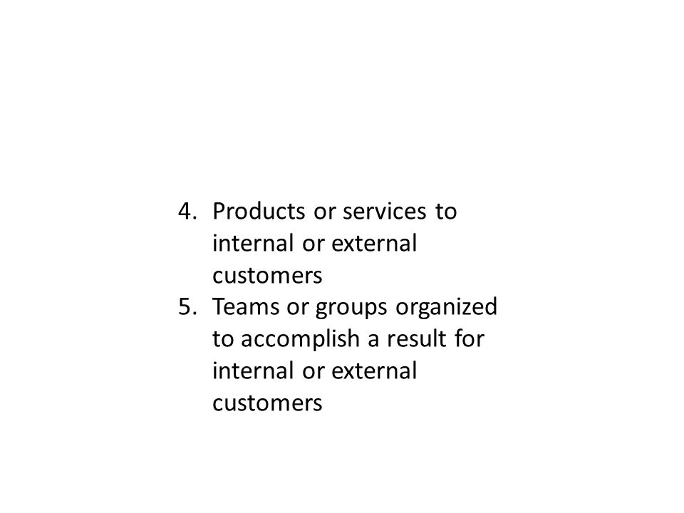 4.Products or services to internal or external customers 5.Teams or groups organized to accomplish a result for internal or external customers