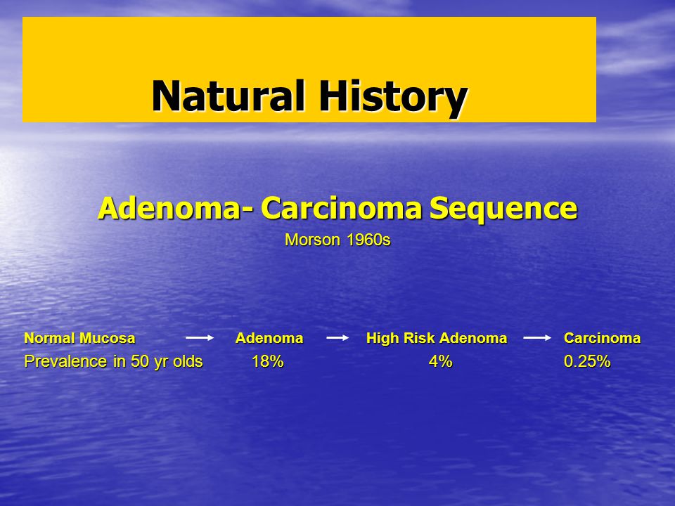 Natural History Adenoma- Carcinoma Sequence Morson 1960s Normal Mucosa Adenoma High Risk Adenoma Carcinoma Prevalence in 50 yr olds 18%4%0.25%
