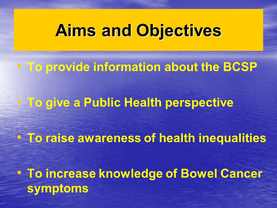 Aims and Objectives To provide information about the BCSP To give a Public Health perspective To raise awareness of health inequalities To increase knowledge of Bowel Cancer symptoms