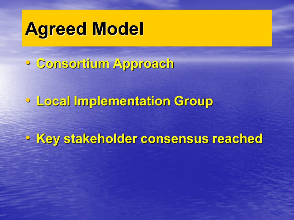 Agreed Model Consortium Approach Consortium Approach Local Implementation Group Local Implementation Group Key stakeholder consensus reached Key stakeholder consensus reached