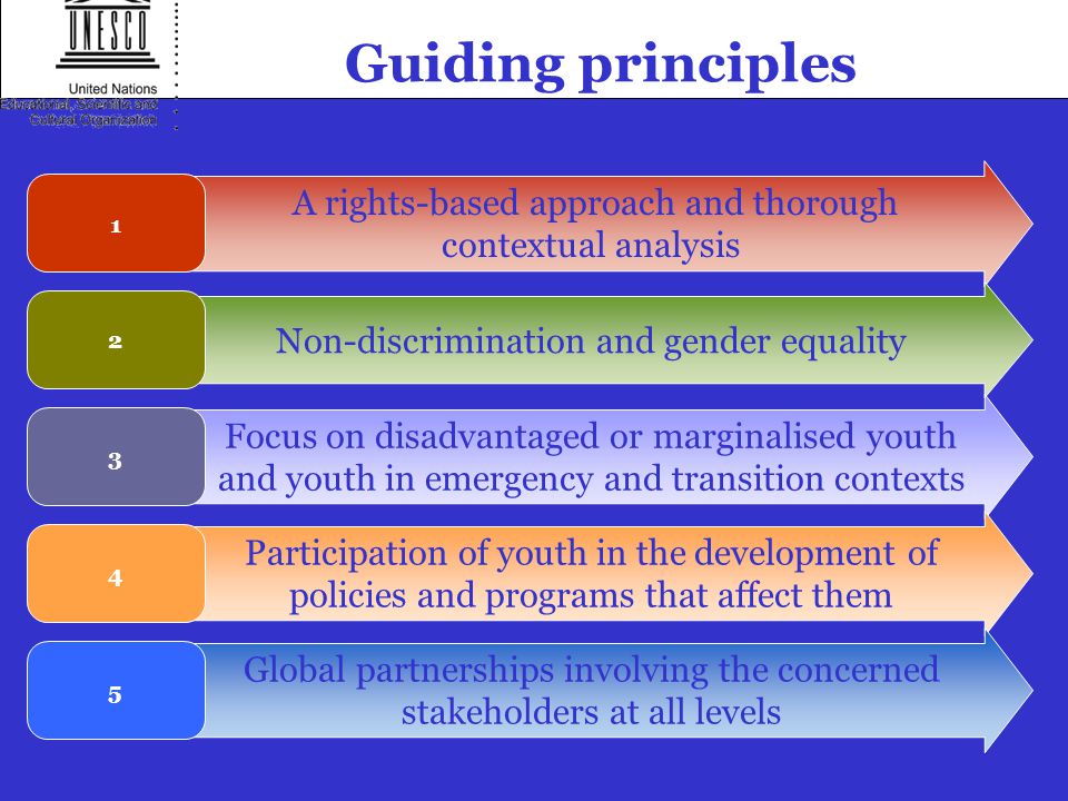 Guiding principles A rights-based approach and thorough contextual analysis 1 Non-discrimination and gender equality 2 Focus on disadvantaged or marginalised youth and youth in emergency and transition contexts 3 Participation of youth in the development of policies and programs that affect them 4 Global partnerships involving the concerned stakeholders at all levels 5