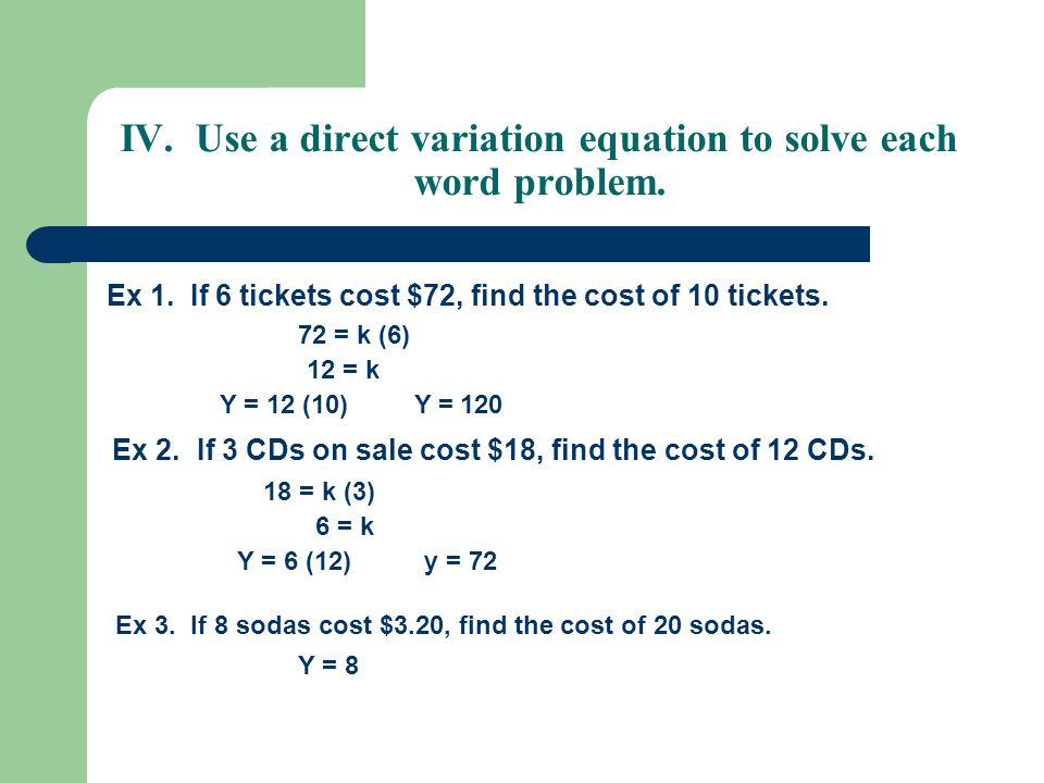 Worksheets Direct Variation Word Problems Worksheet 1 4 direct variation and proportion objectives write apply use a equation to solve each word problem ex 1