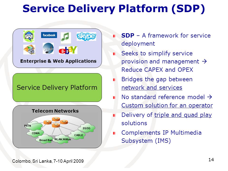 SDP – A framework for service deployment Seeks to simplify service provision and management  Reduce CAPEX and OPEX Bridges the gap between network and services No standard reference model  Custom solution for an operator Delivery of triple and quad play solutions Complements IP Multimedia Subsystem (IMS) Colombo, Sri Lanka, 7-10 April Service Delivery Platform (SDP) Enterprise & Web Applications Telecom Networks Service Delivery Platform