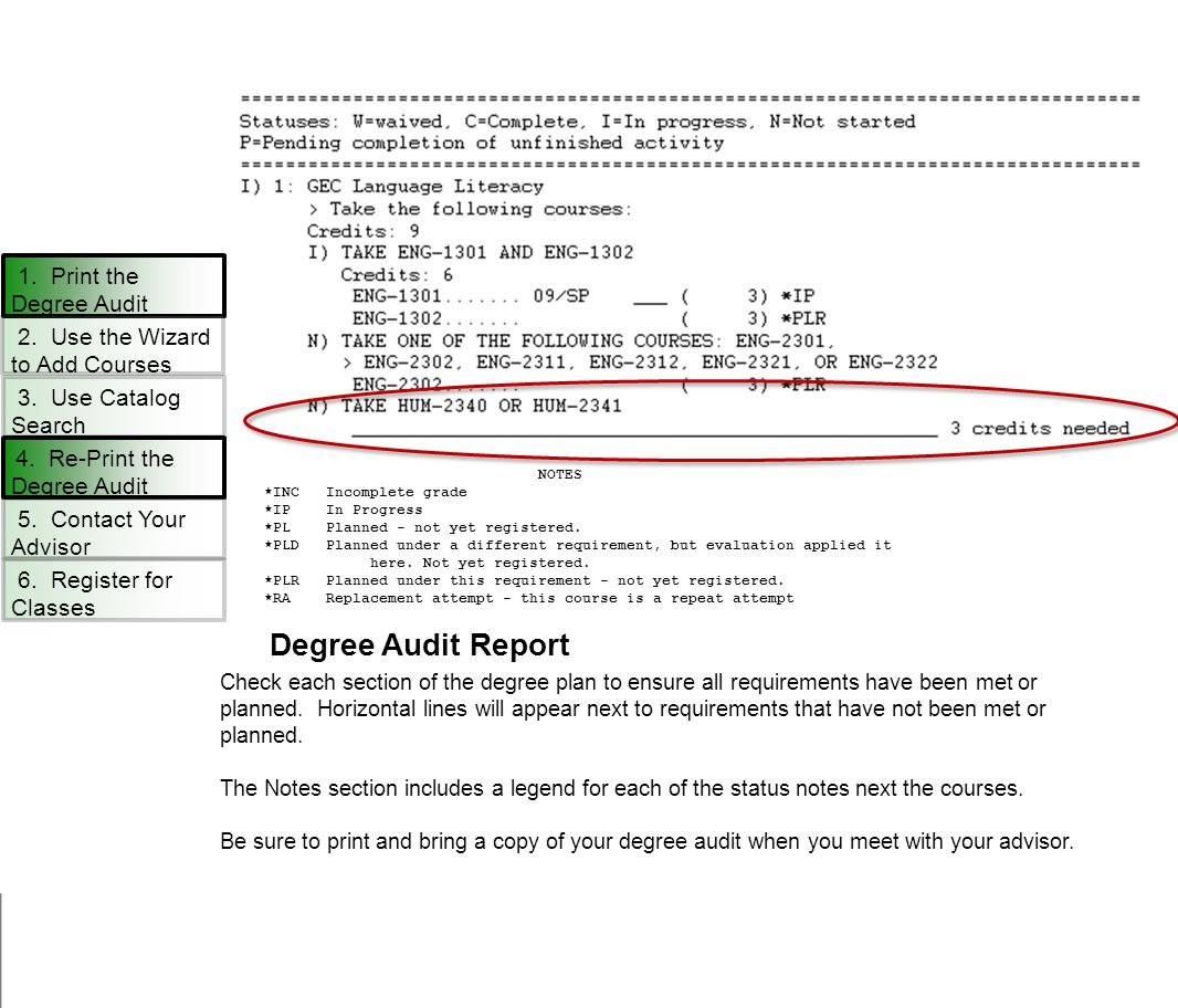 Degree Audit Report Check each section of the degree plan to ensure all requirements have been met or planned.