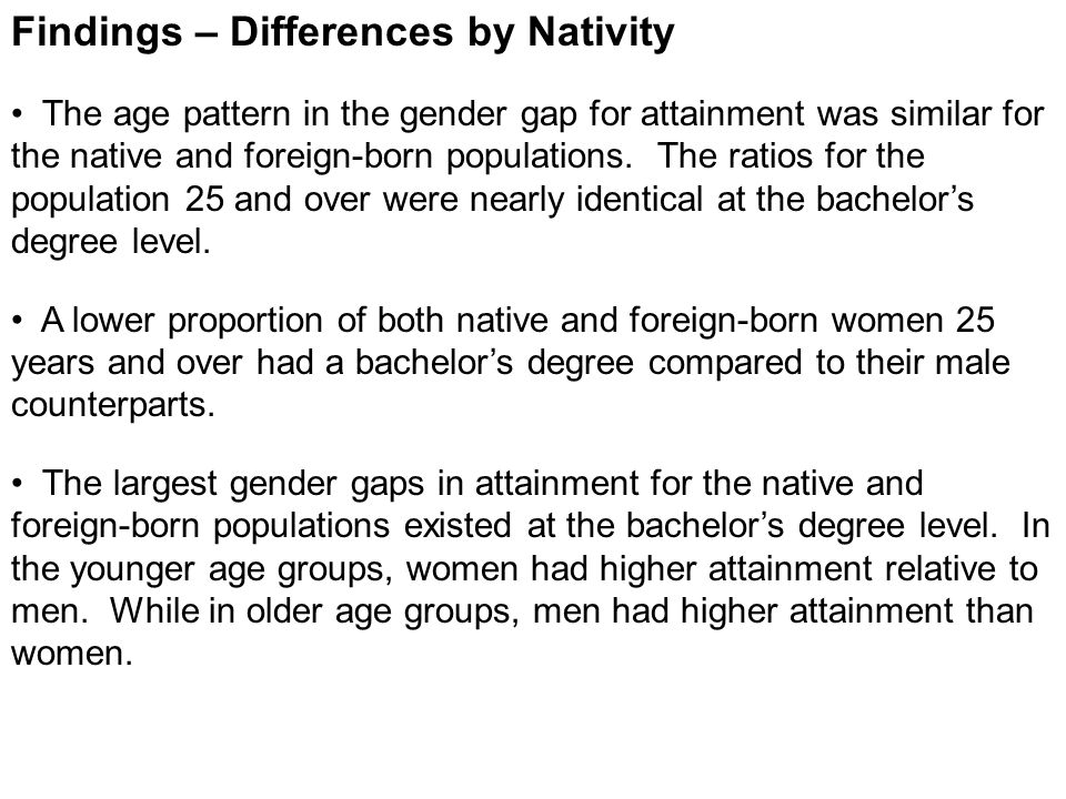 Findings – Differences by Nativity The age pattern in the gender gap for attainment was similar for the native and foreign-born populations.