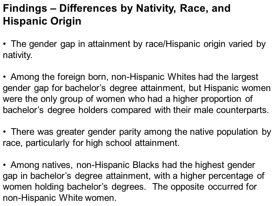 Findings – Differences by Nativity, Race, and Hispanic Origin The gender gap in attainment by race/Hispanic origin varied by nativity.