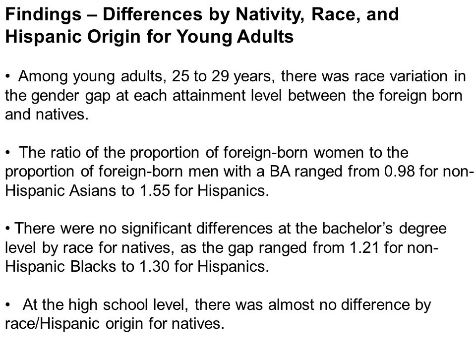Findings – Differences by Nativity, Race, and Hispanic Origin for Young Adults Among young adults, 25 to 29 years, there was race variation in the gender gap at each attainment level between the foreign born and natives.