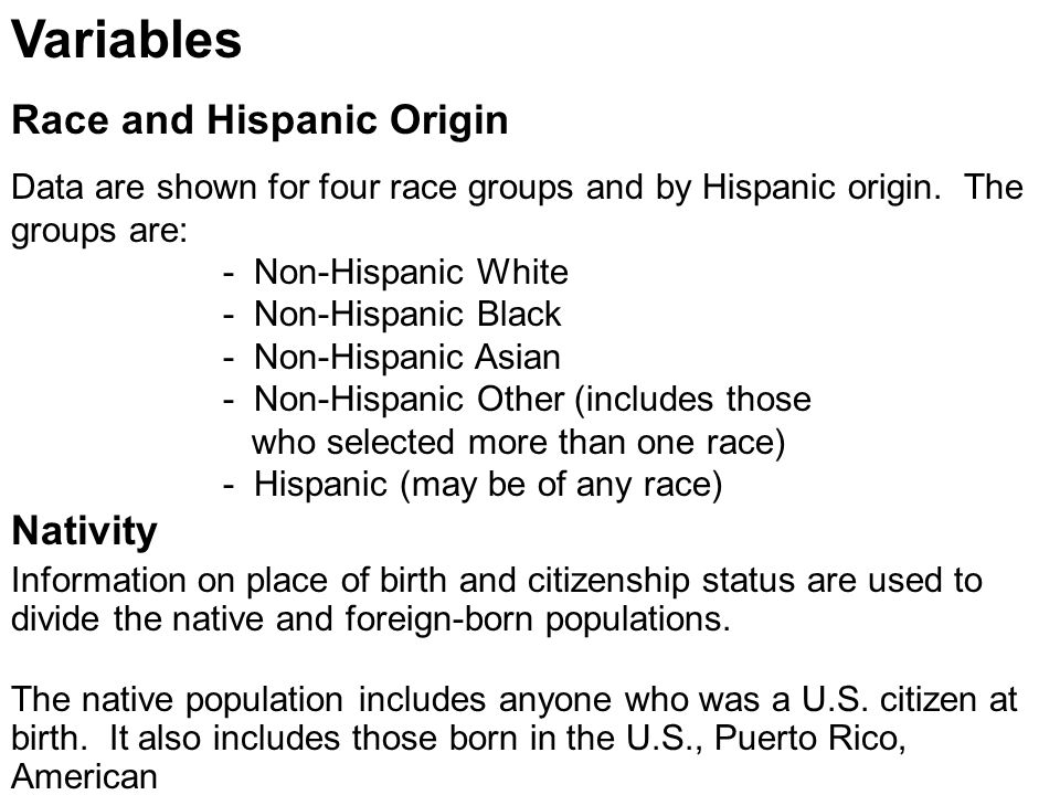 Variables Race and Hispanic Origin Data are shown for four race groups and by Hispanic origin.