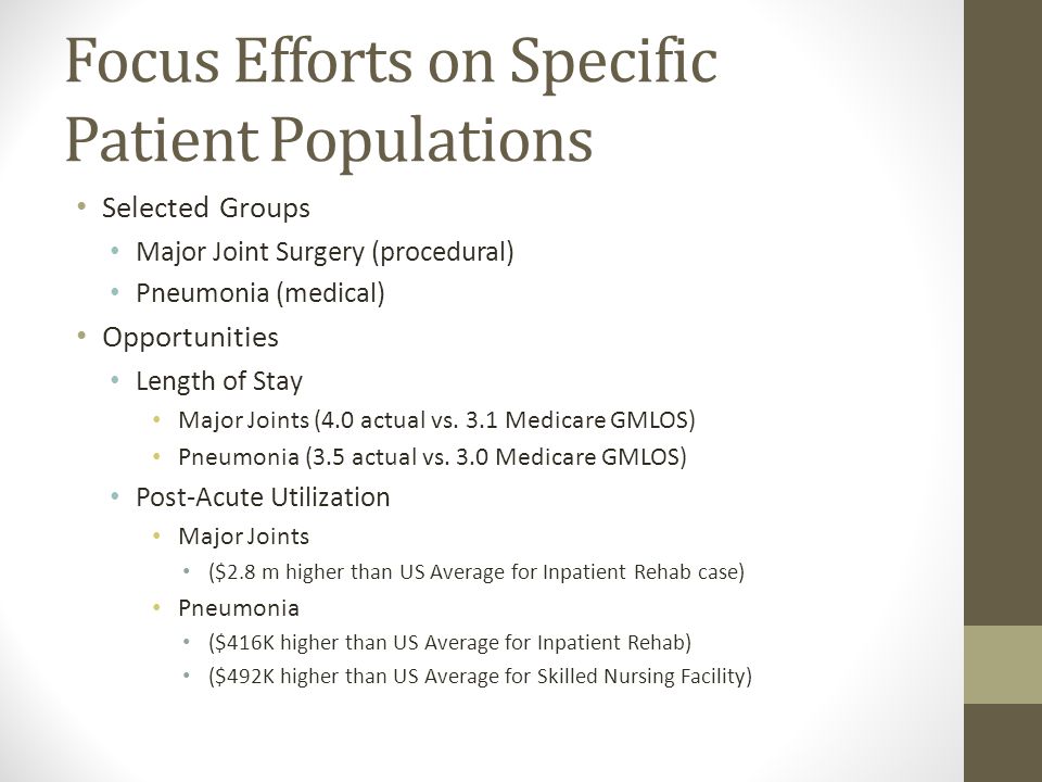 Focus Efforts on Specific Patient Populations Selected Groups Major Joint Surgery (procedural) Pneumonia (medical) Opportunities Length of Stay Major Joints (4.0 actual vs.