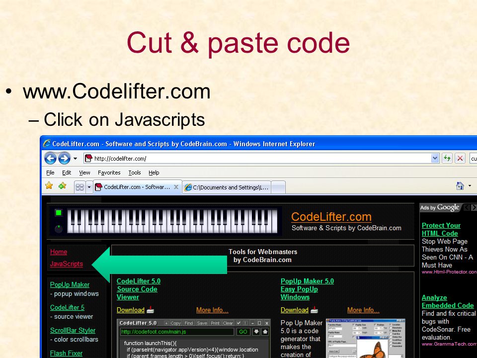 Cut & paste code   –Click on Javascripts