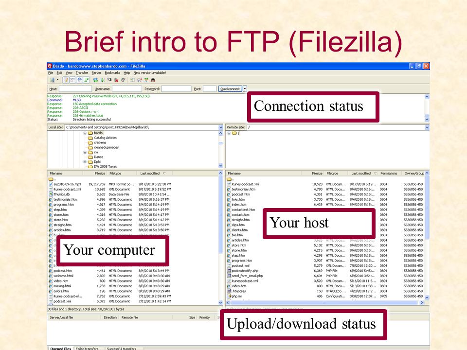 Brief intro to FTP (Filezilla) Connection status Your computer Your host Upload/download status