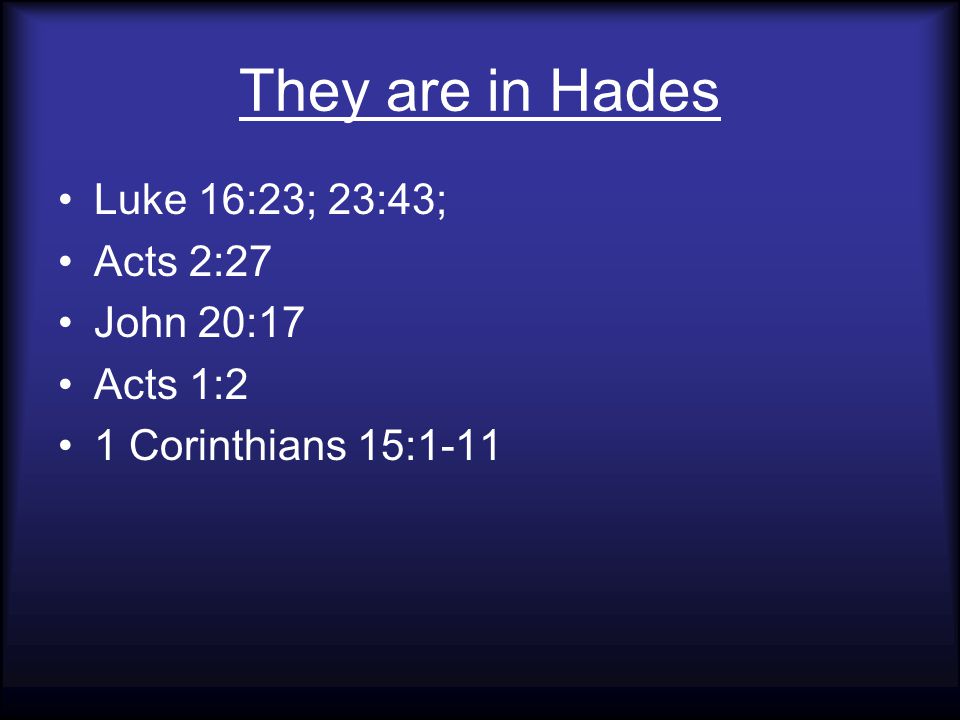 They are in Hades Luke 16:23; 23:43; Acts 2:27 John 20:17 Acts 1:2 1 Corinthians 15:1-11