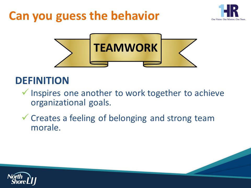 Can you guess the behavior TEAMWORK DEFINITION Inspires one another to work together to achieve organizational goals.