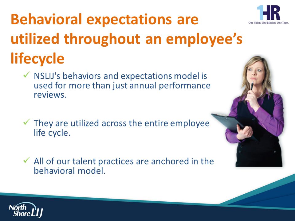 Behavioral expectations are utilized throughout an employee’s lifecycle NSLIJ s behaviors and expectations model is used for more than just annual performance reviews.