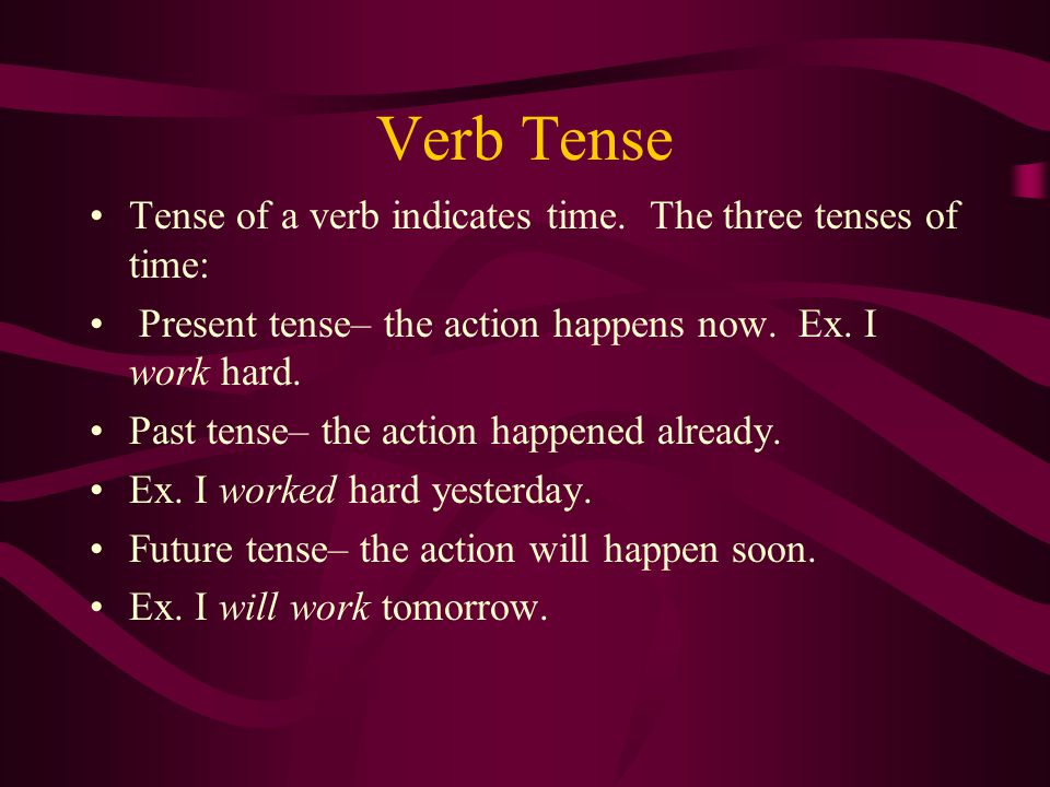 Verb Tense Tense of a verb indicates time.
