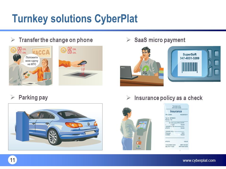 11 Turnkey solutions CyberPlat  Transfer the change on phone  Parking pay  SaaS micro payment  Insurance policy as a check