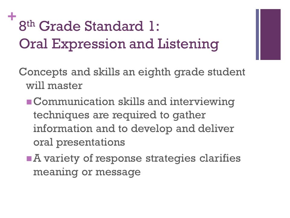 + 8 th Grade Standard 1: Oral Expression and Listening Concepts and skills an eighth grade student will master Communication skills and interviewing techniques are required to gather information and to develop and deliver oral presentations A variety of response strategies clarifies meaning or message