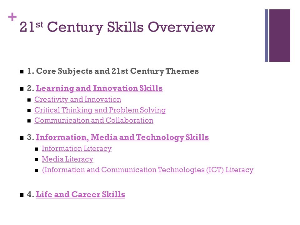 + 21 st Century Skills Overview 1. Core Subjects and 21st Century Themes 2.