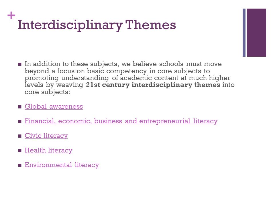 + Interdisciplinary Themes In addition to these subjects, we believe schools must move beyond a focus on basic competency in core subjects to promoting understanding of academic content at much higher levels by weaving 21st century interdisciplinary themes into core subjects: Global awareness Financial, economic, business and entrepreneurial literacy Civic literacy Health literacy Environmental literacy