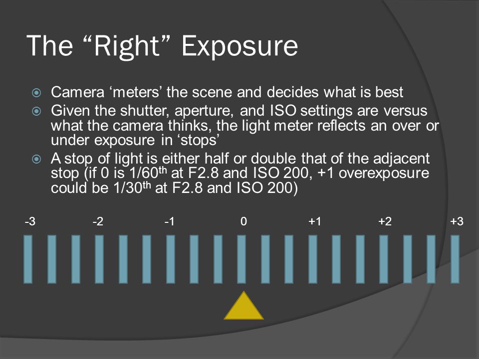 The Right Exposure  Camera ‘meters’ the scene and decides what is best  Given the shutter, aperture, and ISO settings are versus what the camera thinks, the light meter reflects an over or under exposure in ‘stops’  A stop of light is either half or double that of the adjacent stop (if 0 is 1/60 th at F2.8 and ISO 200, +1 overexposure could be 1/30 th at F2.8 and ISO 200)