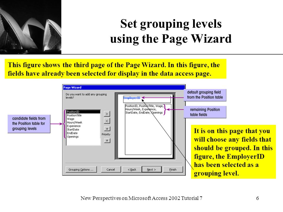 XP New Perspectives on Microsoft Access 2002 Tutorial 76 Set grouping levels using the Page Wizard This figure shows the third page of the Page Wizard.