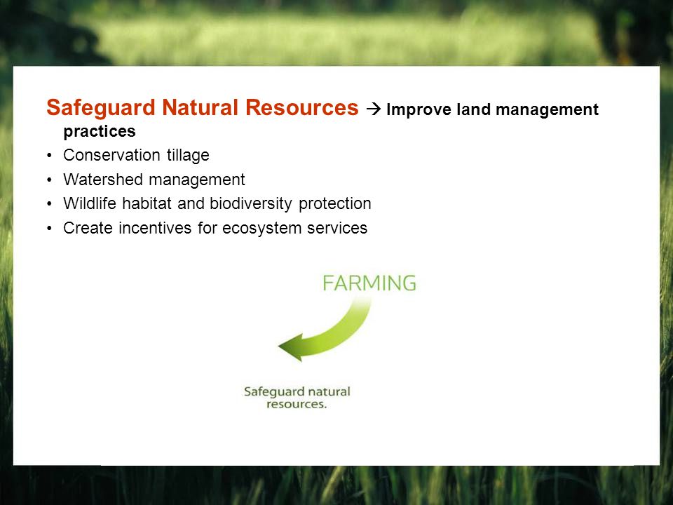 Safeguard Natural Resources  Improve land management practices Conservation tillage Watershed management Wildlife habitat and biodiversity protection Create incentives for ecosystem services