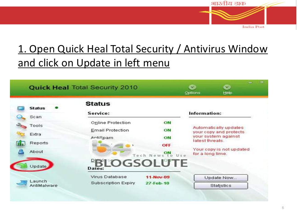 6 1. Open Quick Heal Total Security / Antivirus Window and click on Update in left menu