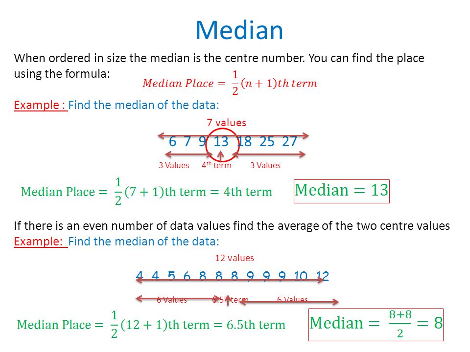 Median When ordered in size the median is the centre number.