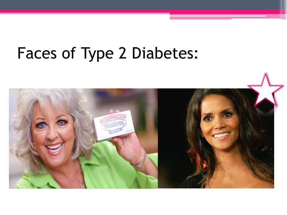 Type 2 Diabetes Statistics: Most common form of diabetes Most common among: African Americans Latinos Native Americans Asian Americans & Pacific Islanders 90-95% of people with diabetes have type 2 80% with type 2 are overweight