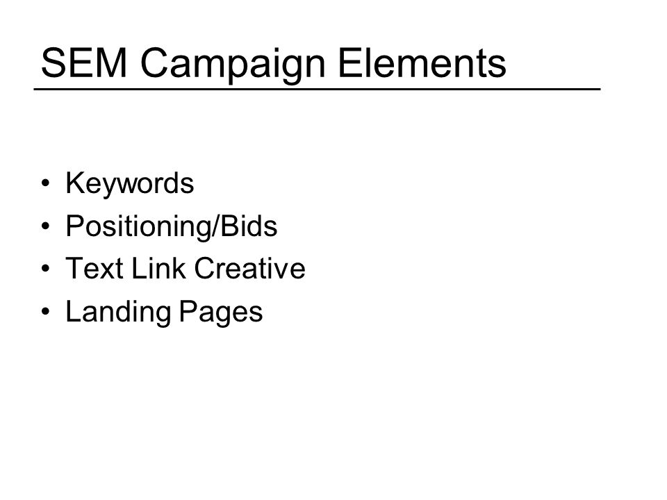 SEM Campaign Elements Keywords Positioning/Bids Text Link Creative Landing Pages