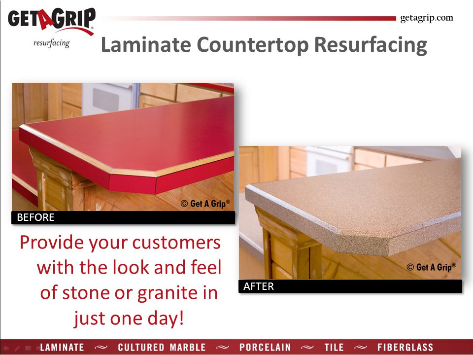 Laminate Countertop Resurfacing Provide your customers with the look and feel of stone or granite in just one day.