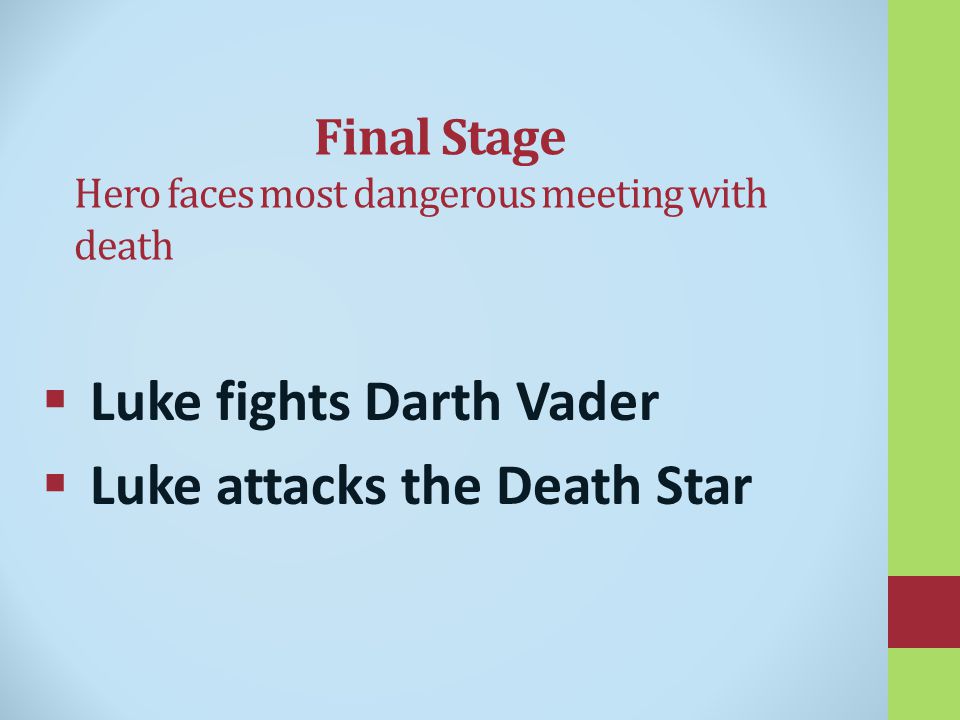 Final Stage Hero faces most dangerous meeting with death  Luke fights Darth Vader  Luke attacks the Death Star