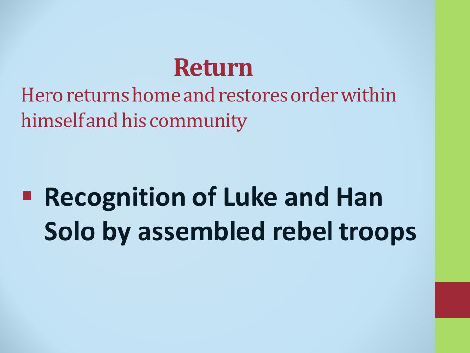 Return Hero returns home and restores order within himself and his community  Recognition of Luke and Han Solo by assembled rebel troops