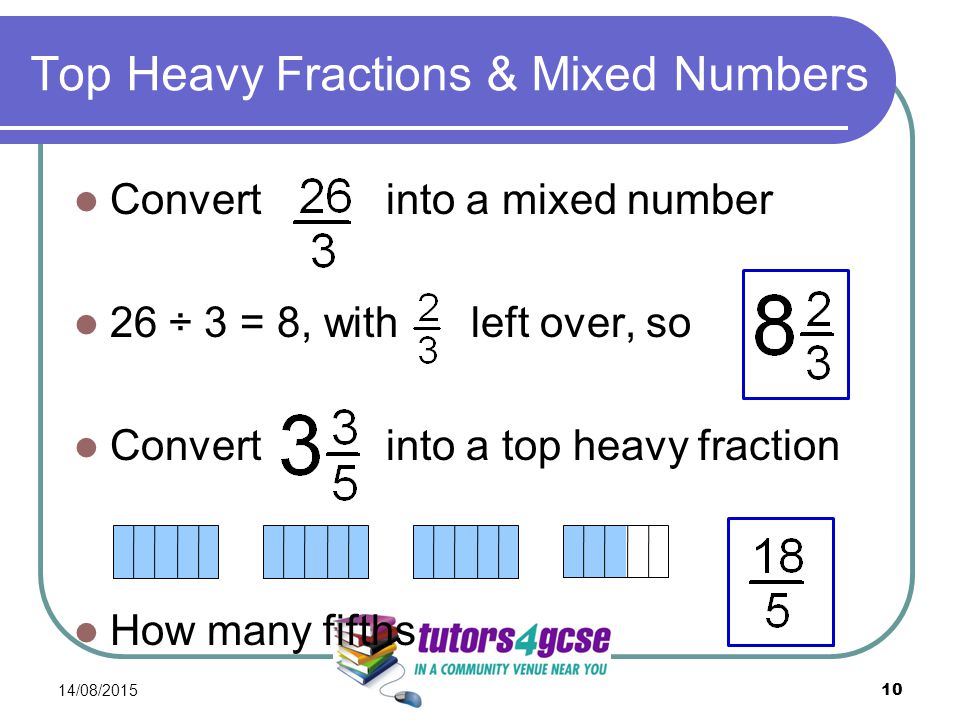 Top Heavy Fractions & Mixed Numbers Convert into a mixed number 26 ÷ 3 = 8, with left over, so Convert into a top heavy fraction How many fifths 14/08/