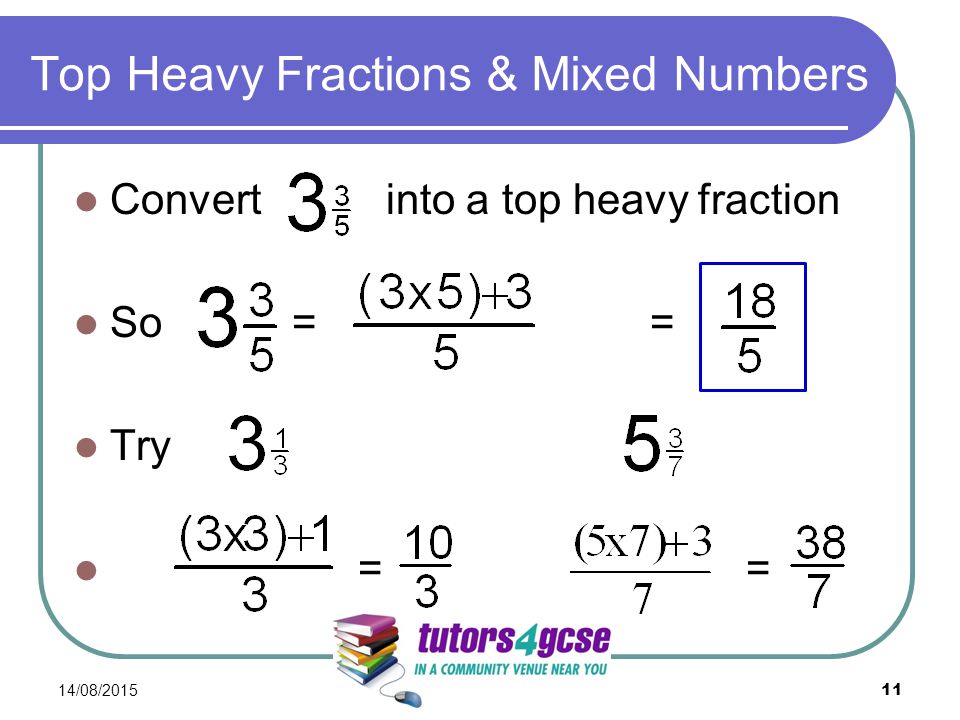 Top Heavy Fractions & Mixed Numbers Convert into a top heavy fraction So == Try == 14/08/