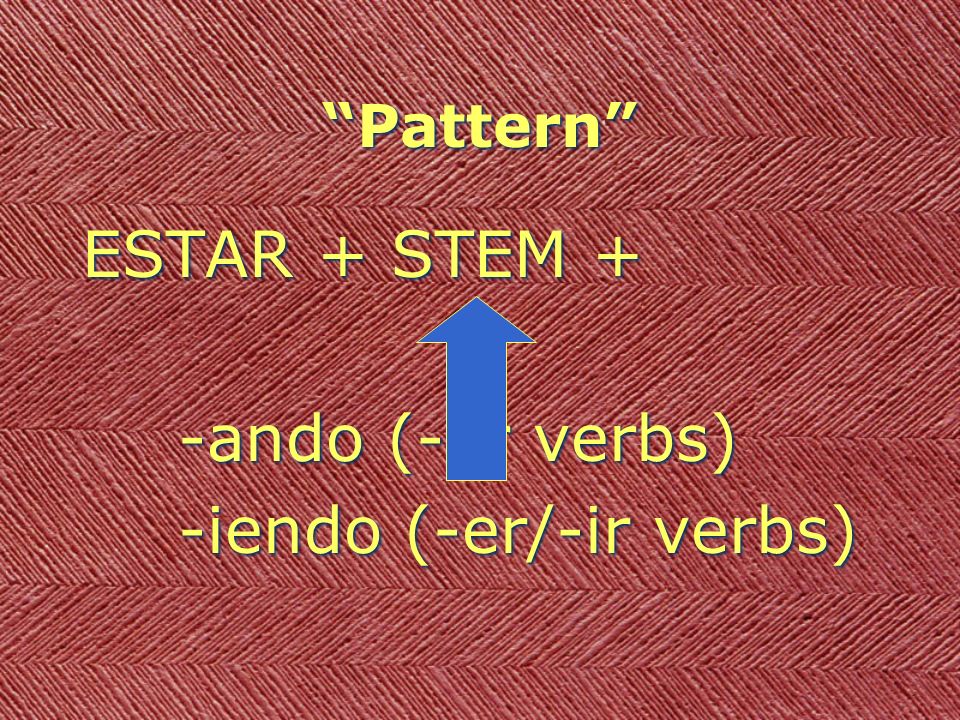 Pattern ESTAR + STEM + -ando (-ar verbs) -iendo (-er/-ir verbs) ESTAR + STEM + -ando (-ar verbs) -iendo (-er/-ir verbs)