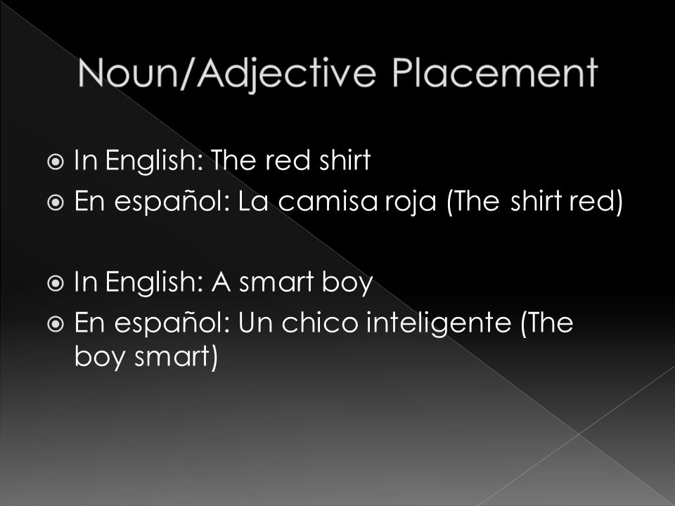 In English: The red shirt En español: La camisa roja (The shirt red) In English: A smart boy En español: Un chico inteligente (The boy smart)