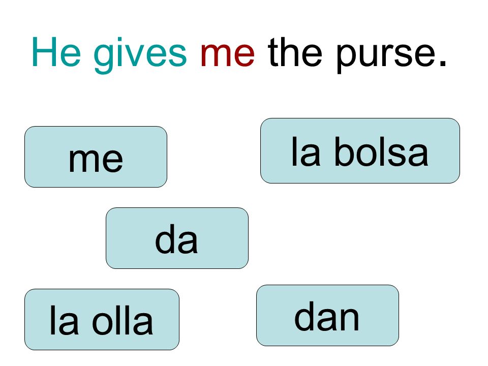 He gives me the purse. da dan me la olla la bolsa