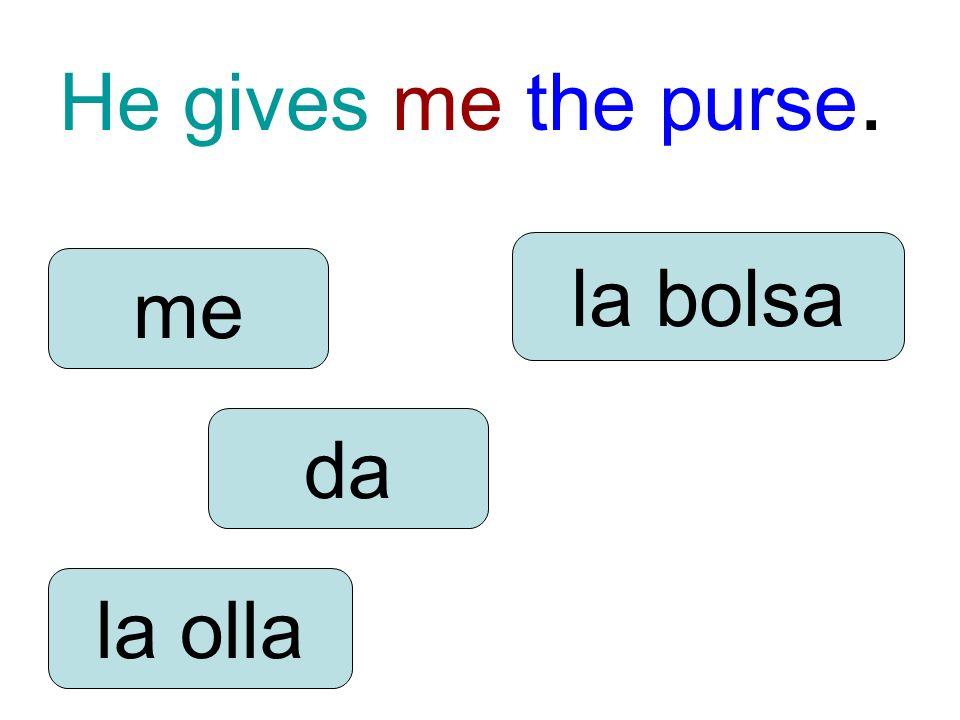 He gives me the purse. da me la olla la bolsa