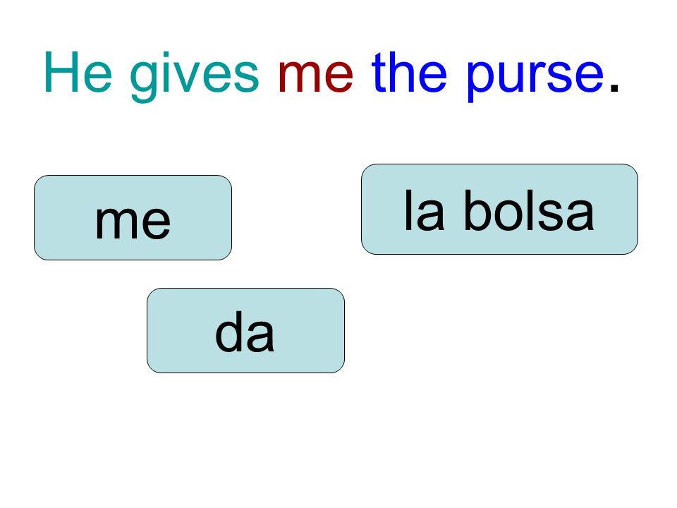 He gives me the purse. da me la bolsa