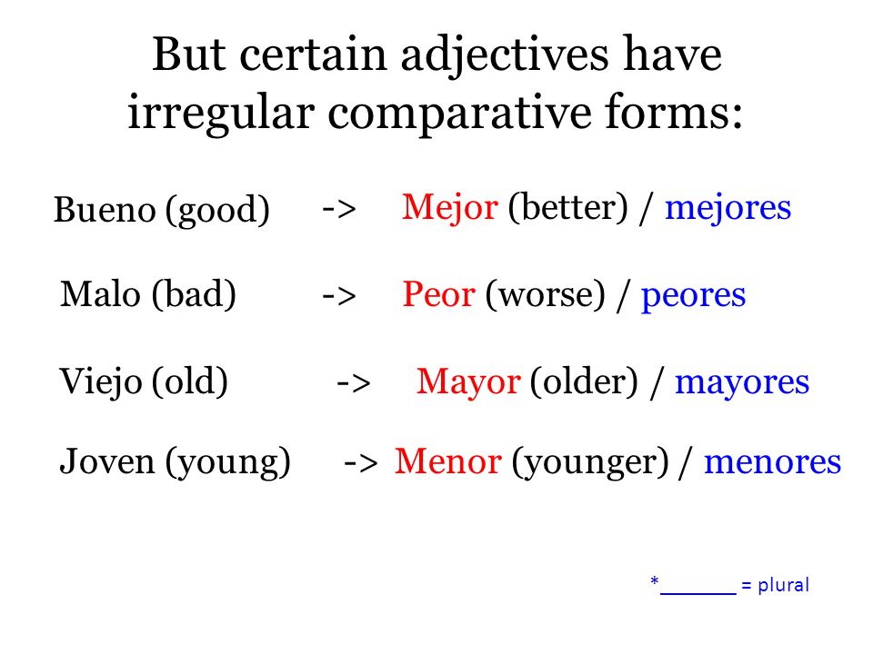 But certain adjectives have irregular comparative forms: Bueno (good) ->Mejor (better) / mejores Malo (bad)->Peor (worse) / peores Viejo (old)->Mayor (older) / mayores Joven (young)->Menor (younger) / menores *_______ = plural
