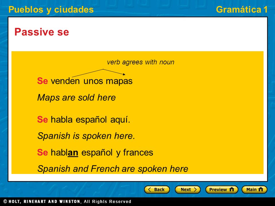 Pueblos y ciudadesGramática 1 Passive se Se venden unos mapas Maps are sold here Se habla español aquí.