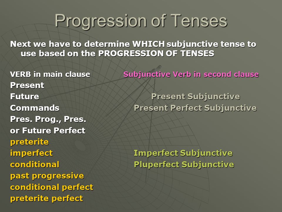 Progression of Tenses Next we have to determine WHICH subjunctive tense to use based on the PROGRESSION OF TENSES VERB in main clause Subjunctive Verb in second clause Present FuturePresent Subjunctive Commands Present Perfect Subjunctive Pres.