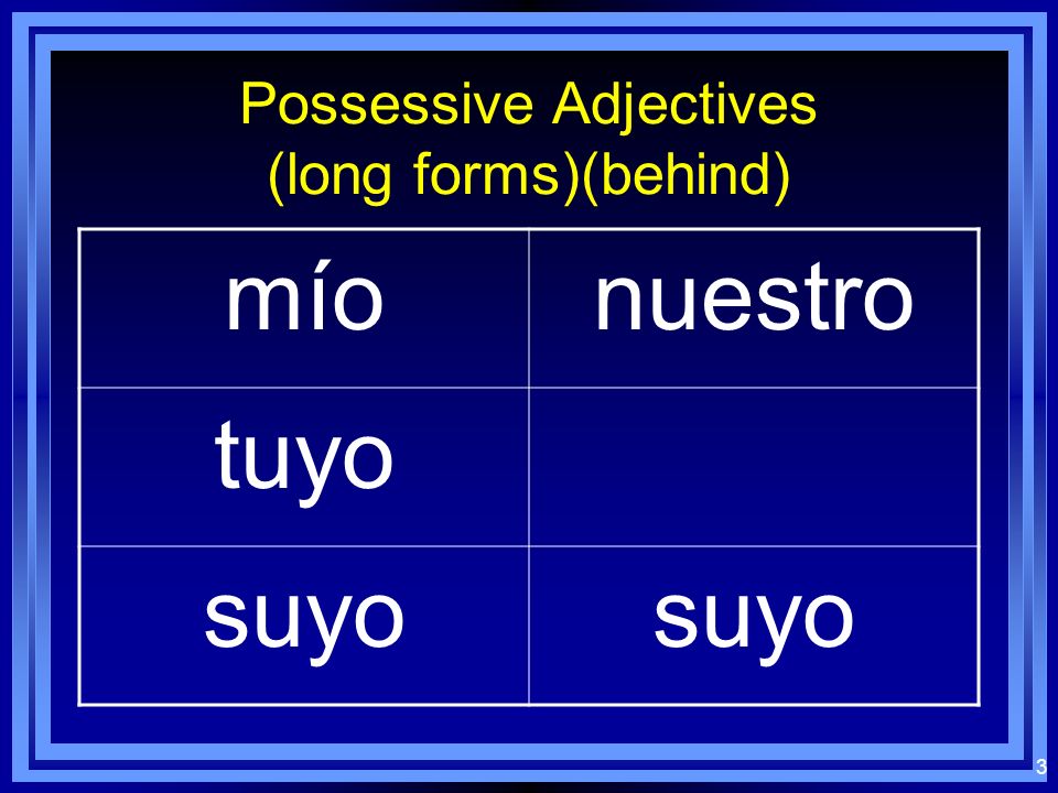 2 Possessive Adjectives (short forms)(in front) minuestro tu su