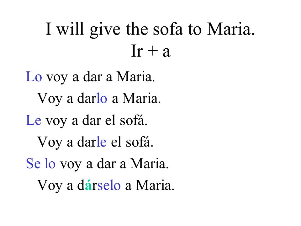 I will give the sofa to Maria. Ir + a Lo voy a dar a Maria.