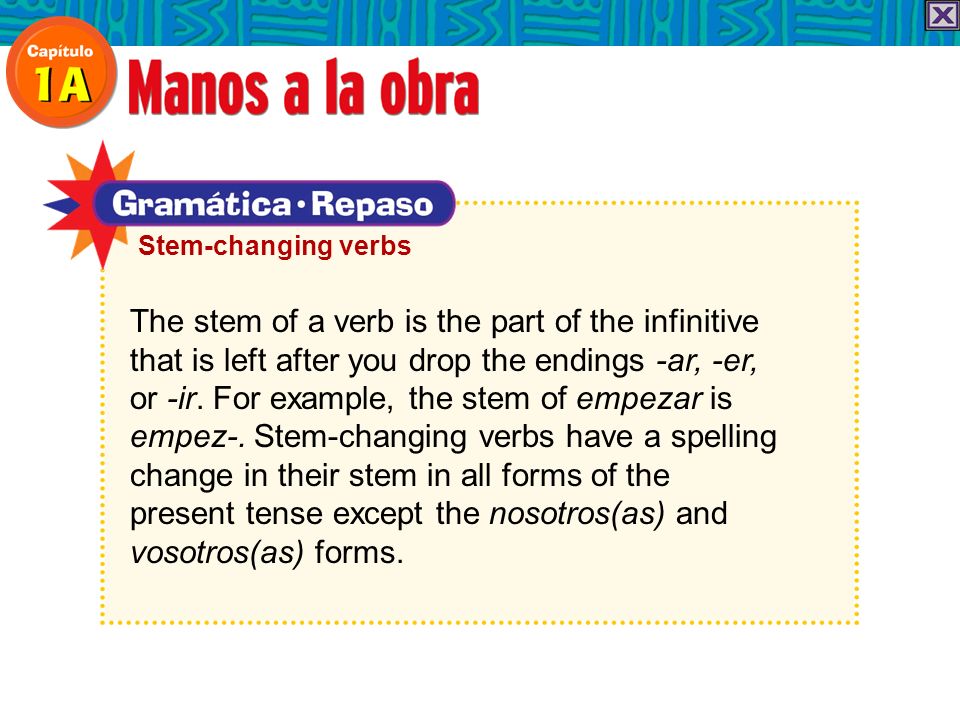 The stem of a verb is the part of the infinitive that is left after you drop the endings -ar, -er, or -ir.